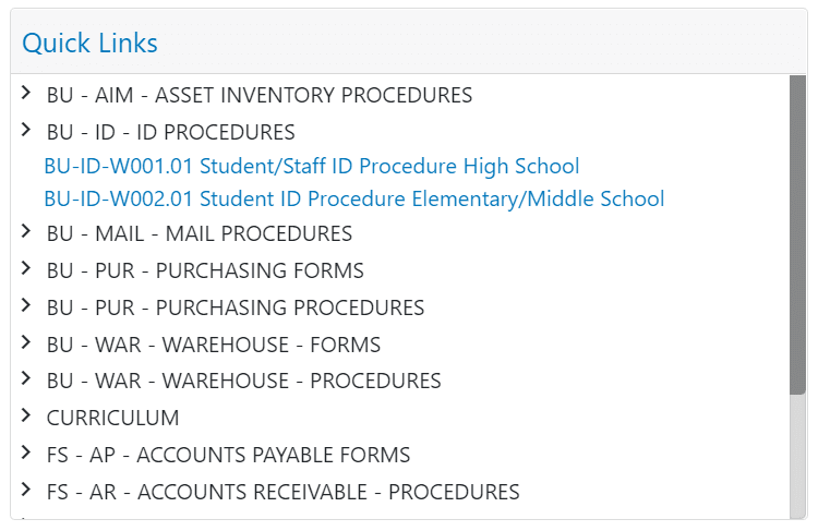 clevr Quick Links The clevr Quick Links Card accordion style menu of forms by category