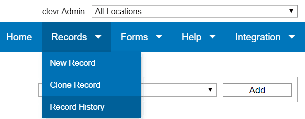 clevr Records dashboard menu item with record history menu item highlighted