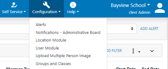 clevr Configuration drop down menu showing alerts