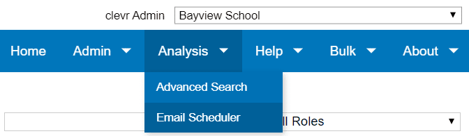 clevr Admin Analysis clevr data sharing platform dashboard analysis menu drop down email scheduler menu item