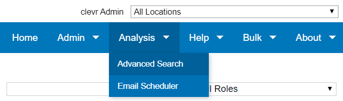 clever admin dashboard with all locations selected with analysis menu item drop down open hovered over advanced search