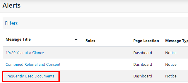 clevr Frequently Used Documents clevr alerts section with the frequently used documents message title highlighted