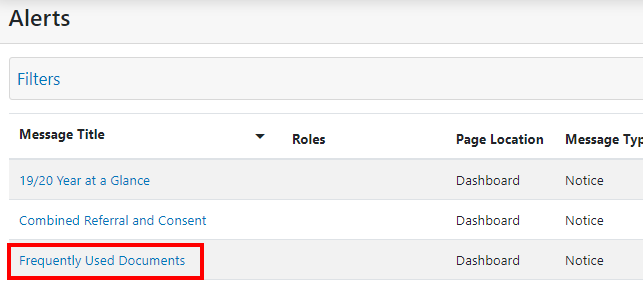 clevr alerts section with the frequently used documents message title highlighted