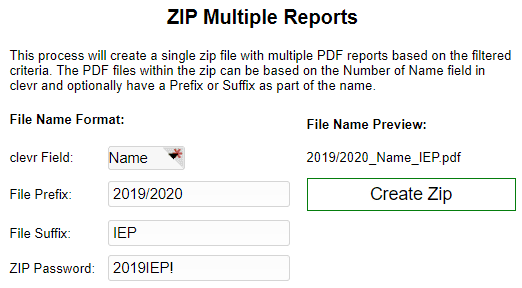 clevr ZIP Multiple Reports with file name format and file name preview with create zip button