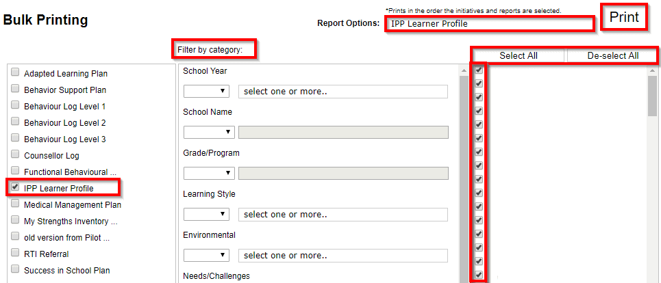 clevr dashboard for bulk printing filter by category