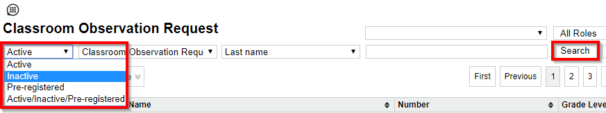 clevr Classroom Observation Request inactive selected with search button