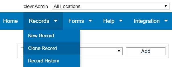 clevr dashboard records menu drop down hovered over clone record menu item