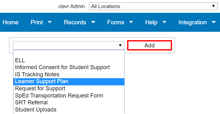 clevr dropdown list of forms with add button