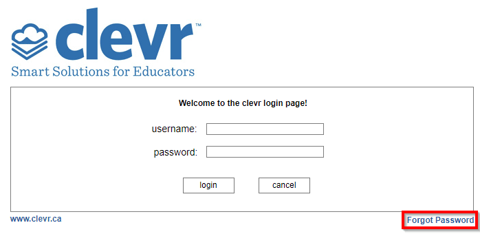 welcome to the clevr login page with the forgot password hyperlink