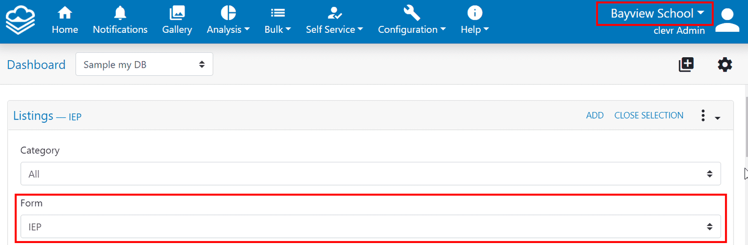 clevr Dashboard with the form dropdown section highlighted