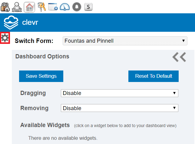 clevr dashboard options section with save settings and reset to default buttons