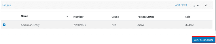 clevr Dashboard highlighting an add selection button to add selected student to a form in the listings card