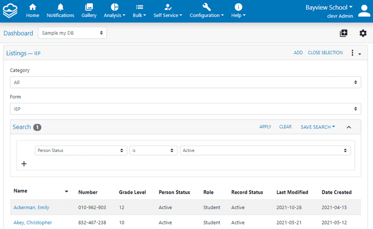 clevr Dashboard showing the listings cards with a table and the persons associated with a form and filters