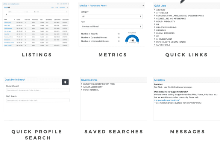 clevr dashboard cards of listings, metrics, quick links, quick profile search, saved searches, and messages