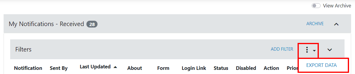 clevr Export Data clevr my notifications received section with an export data button