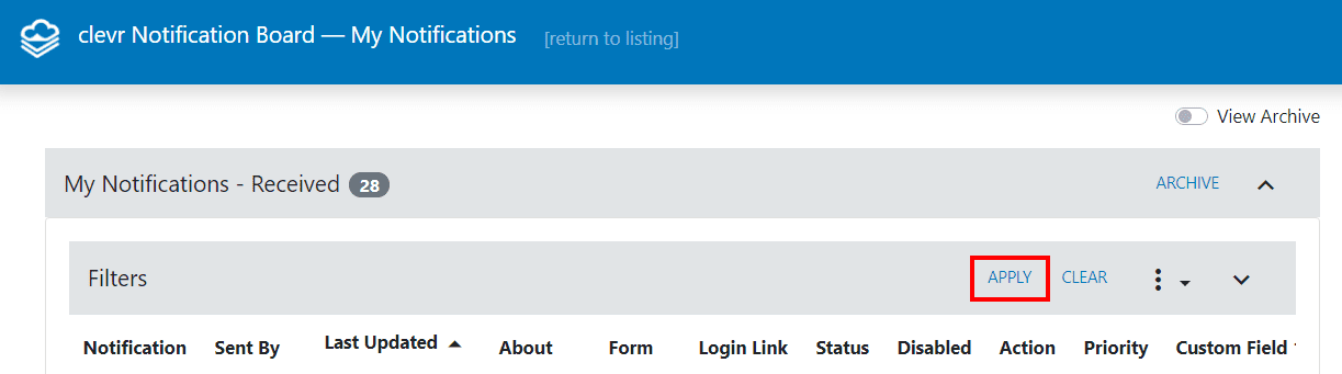 clevr Notifications Received clevr my notifications received apply filter button
