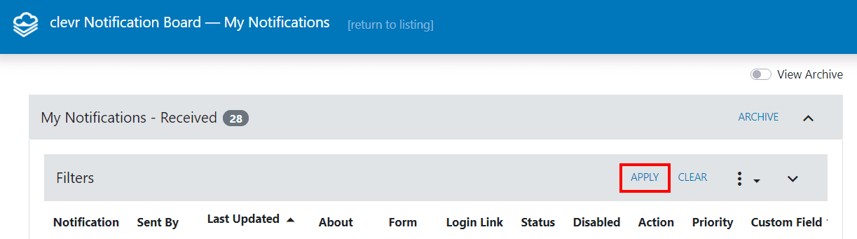 clevr my notifications received apply filter button