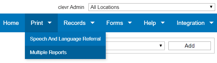 clevr Print main menu item with multiple reports menu item hovered over