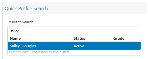clevr quick profile search section with a student search active
