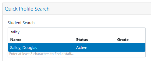 clevr Quick Profile Search Example clevr quick profile search section with a student search active