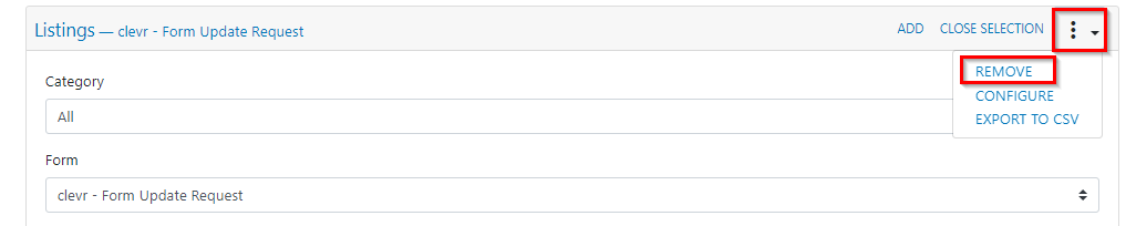 clevr Listings Card – Remove clevr Dashboard highlighting the drop down menu and the remove button for the listings card form update request
