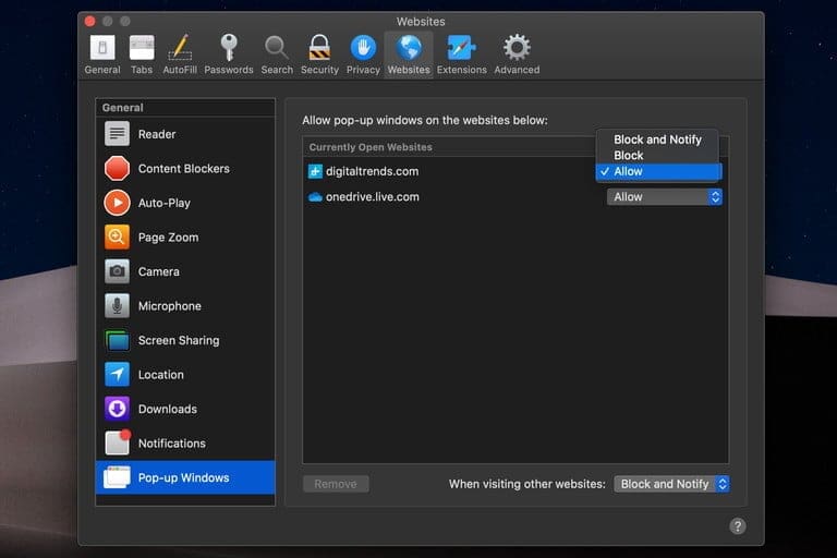 Safari internet browser settings for pop-ups to allow
