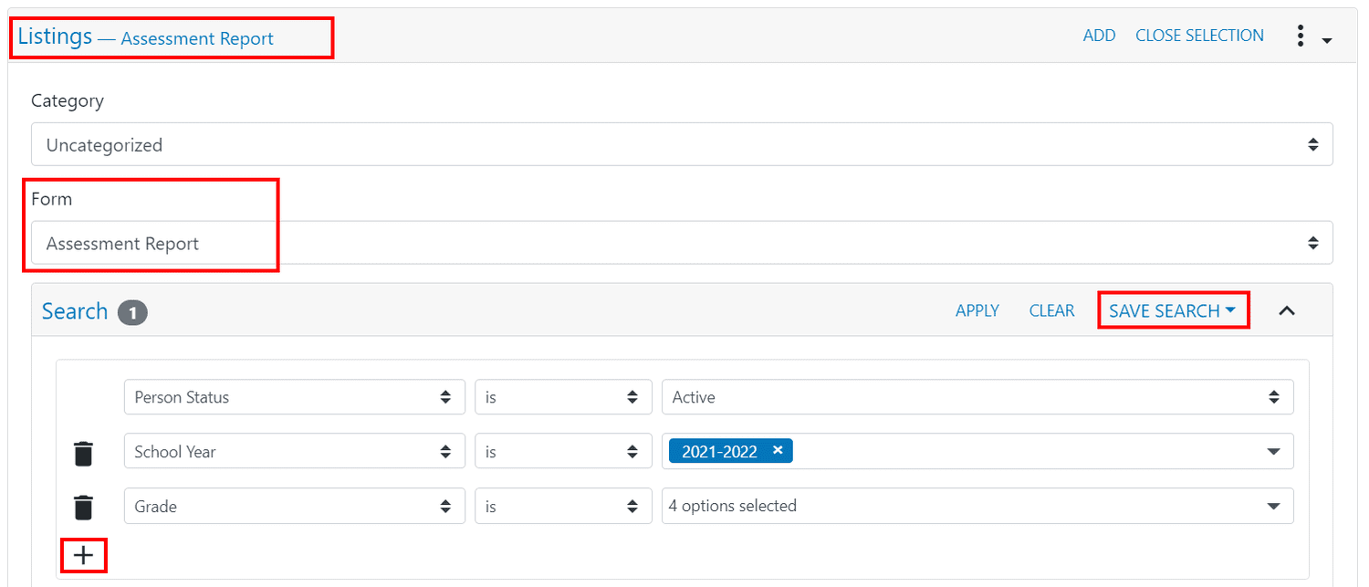 clevr Saved Search Card – Adding a New Saved Search clevr Saved Search Card highlighted listings - assessment report, form, save search drop down, and + icon