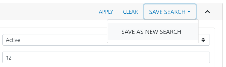clevr Dashboard showing the selected save search dropdown with the save as new search option