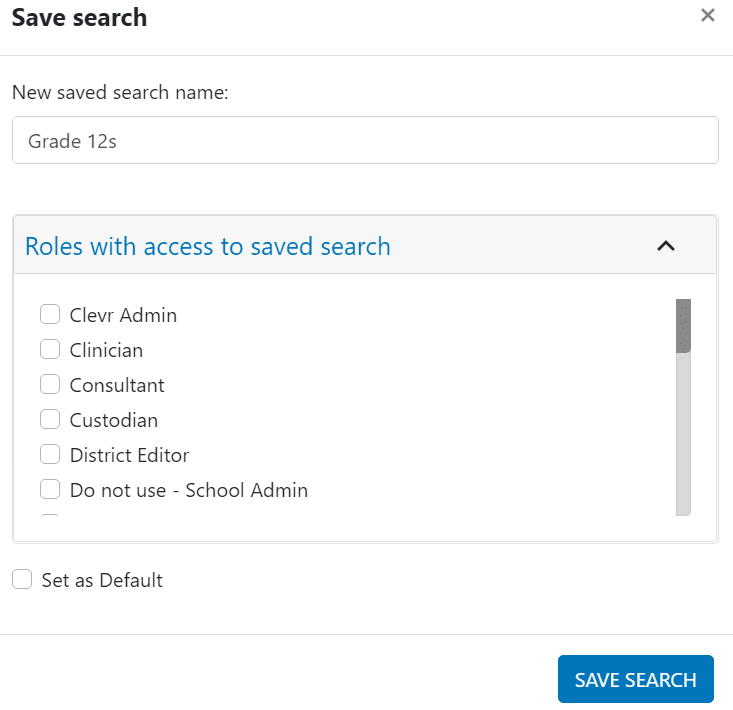 clevr Dashboard for the Listings Card section showing new saved search name and roles with access to the saved search
