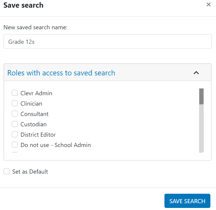 Clevr Dashboard for the Listings Card section showing new saved search name and roles with access to the saved search