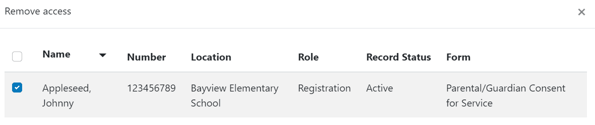 clevr- Student Remove Access Selection clevr Student Record Access - remove access section with a student selected by checkbox