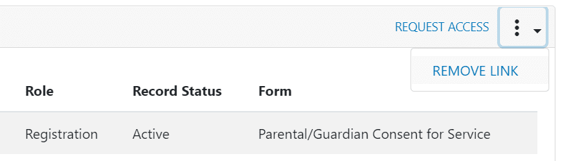 clevr Student Record Access drop down menu for request access with remove link menu item