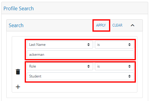 clevr Dashboard Profile Search section with apply button and parameters