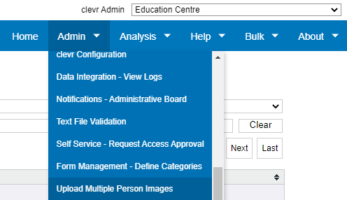 clevr Upload Multiple Person Images drop down menu item from the Admin menu