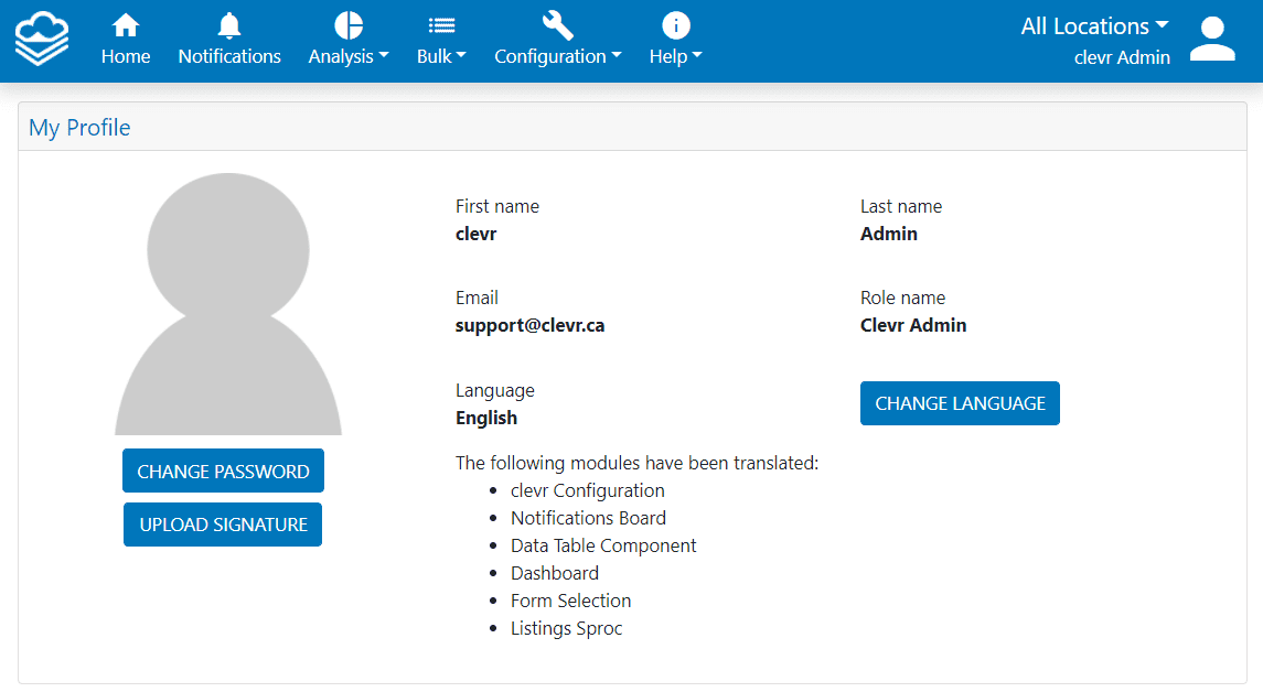 clevr User Profile Panel clevr data sharing platform dashboard User Profile Panel section