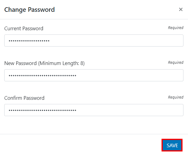 clevr change new password and confirm password with save button