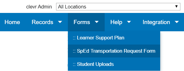 clevr forms drop down menu with spEd transportation request form highlighted