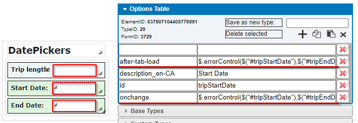 clevr After Tab Load attribute with the id's tripStartDate, and tripEndDate