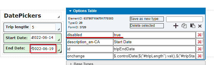 clevr DatePickers Disabled True clevr DatePickers showing it as disabled and true in the options table.