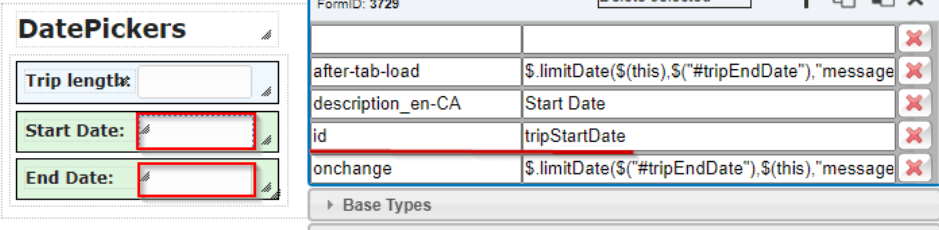 clevr datePickers table showing the following: with tripLength, tripStartDate, and tripEndDate highlighted in red.