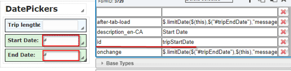 clevr DatePickers clevr datePickers table showing the following: with tripLength, tripStartDate, and tripEndDate highlighted in red.