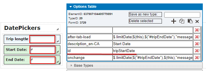 clevr DatePickers ID Options Table clevr Data Validation DatePickers and Options Table highlighting the trip length, start and end date, and ID.