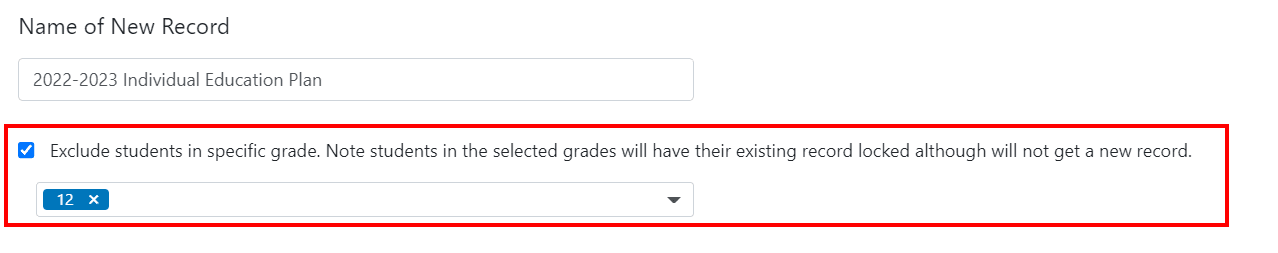 clevr checkbox selection that states exclude students in specific grade.
