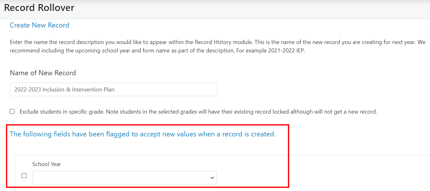 clevr notice that states the following fields have been flagged to accept new values when a record is created.