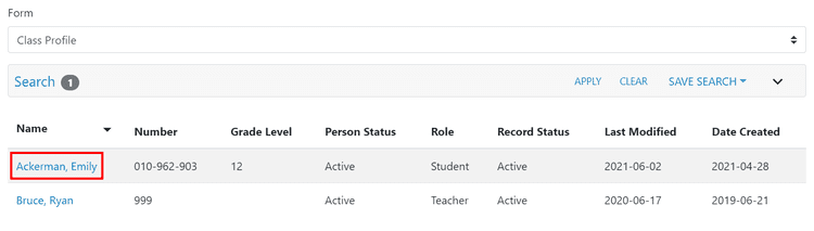 clevr Class Profile highlighting name of student