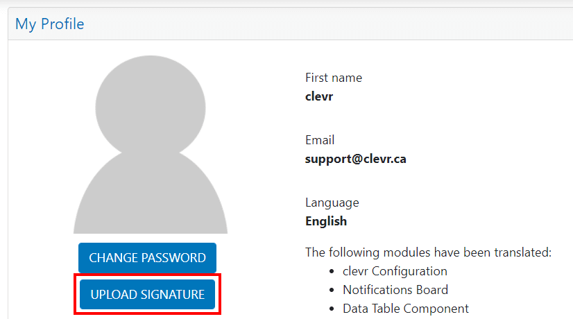 clevr My Profile Upload Signature button