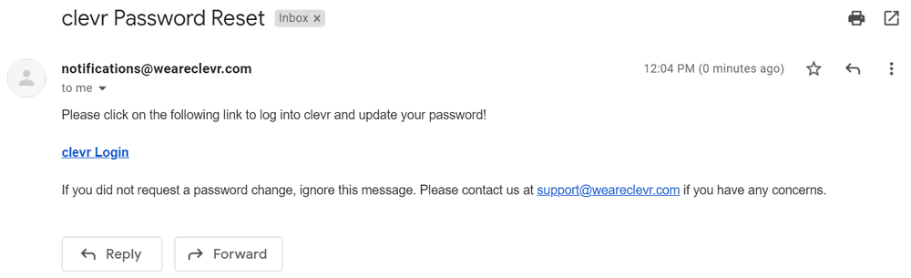 clevr Password Reset email in inbox