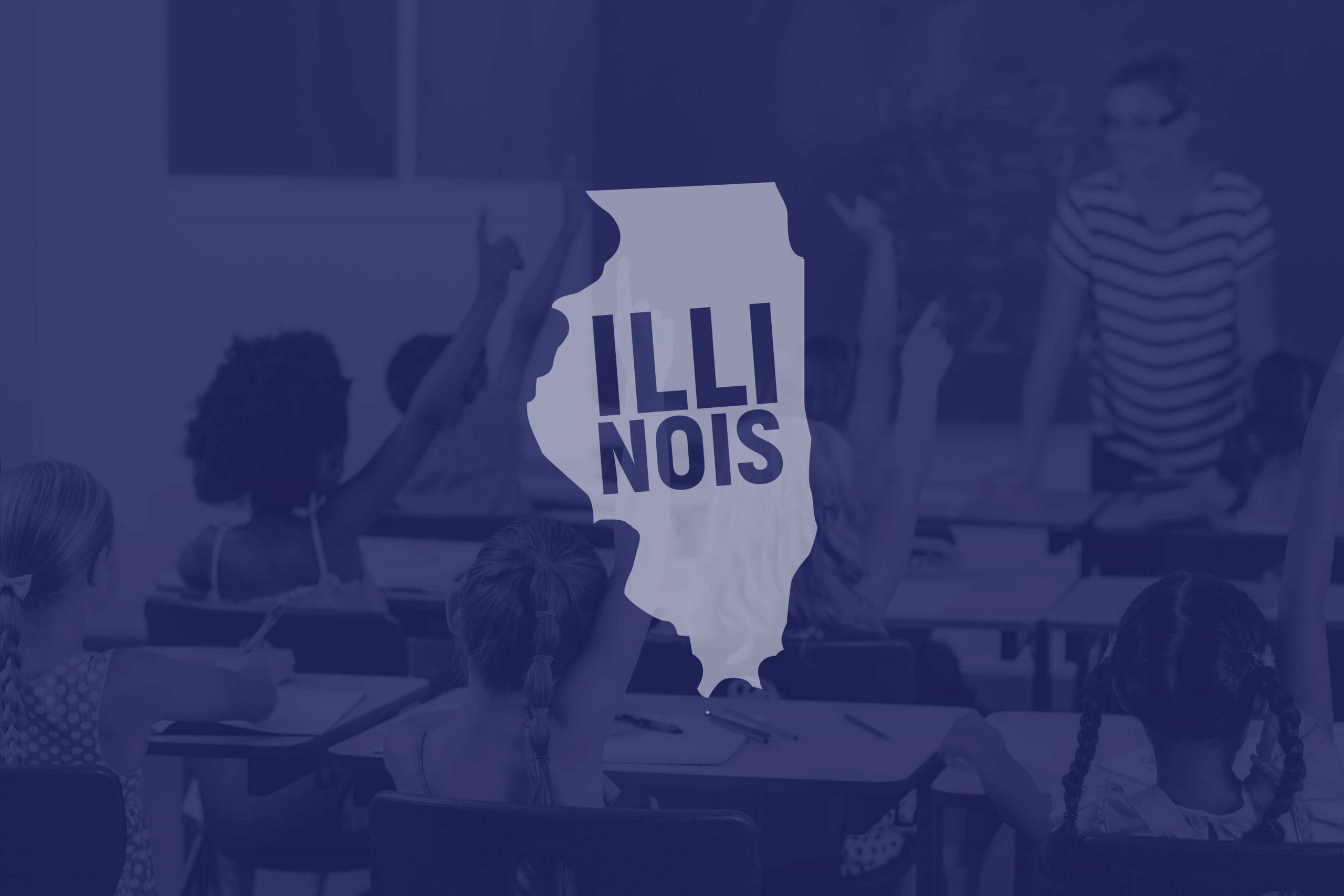 Outline of the state of Illinois on top of a classroom full of kids raising their hands for their teacher