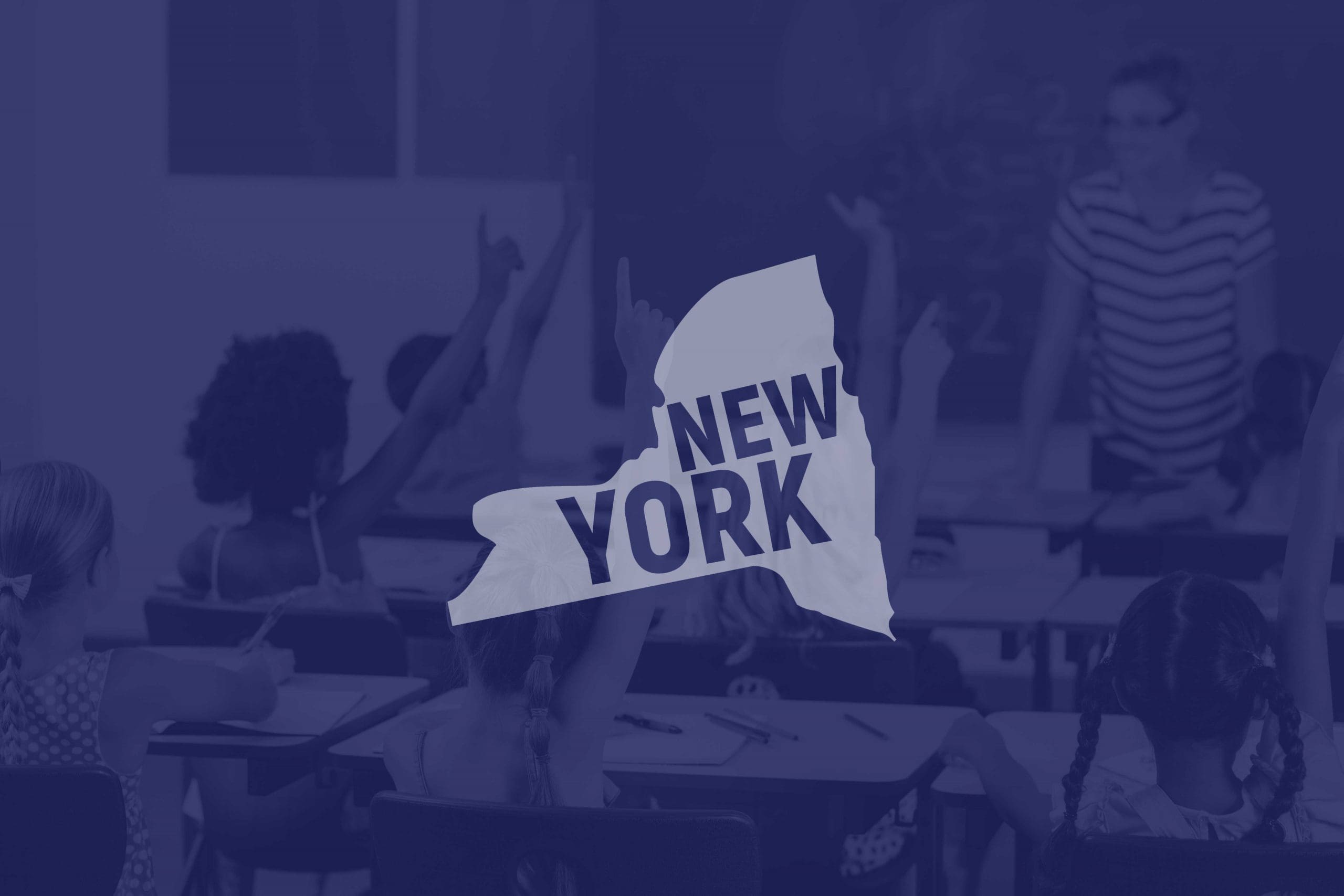 Outline of the state of New York on top of a classroom full of kids raising their hands for their teacher
