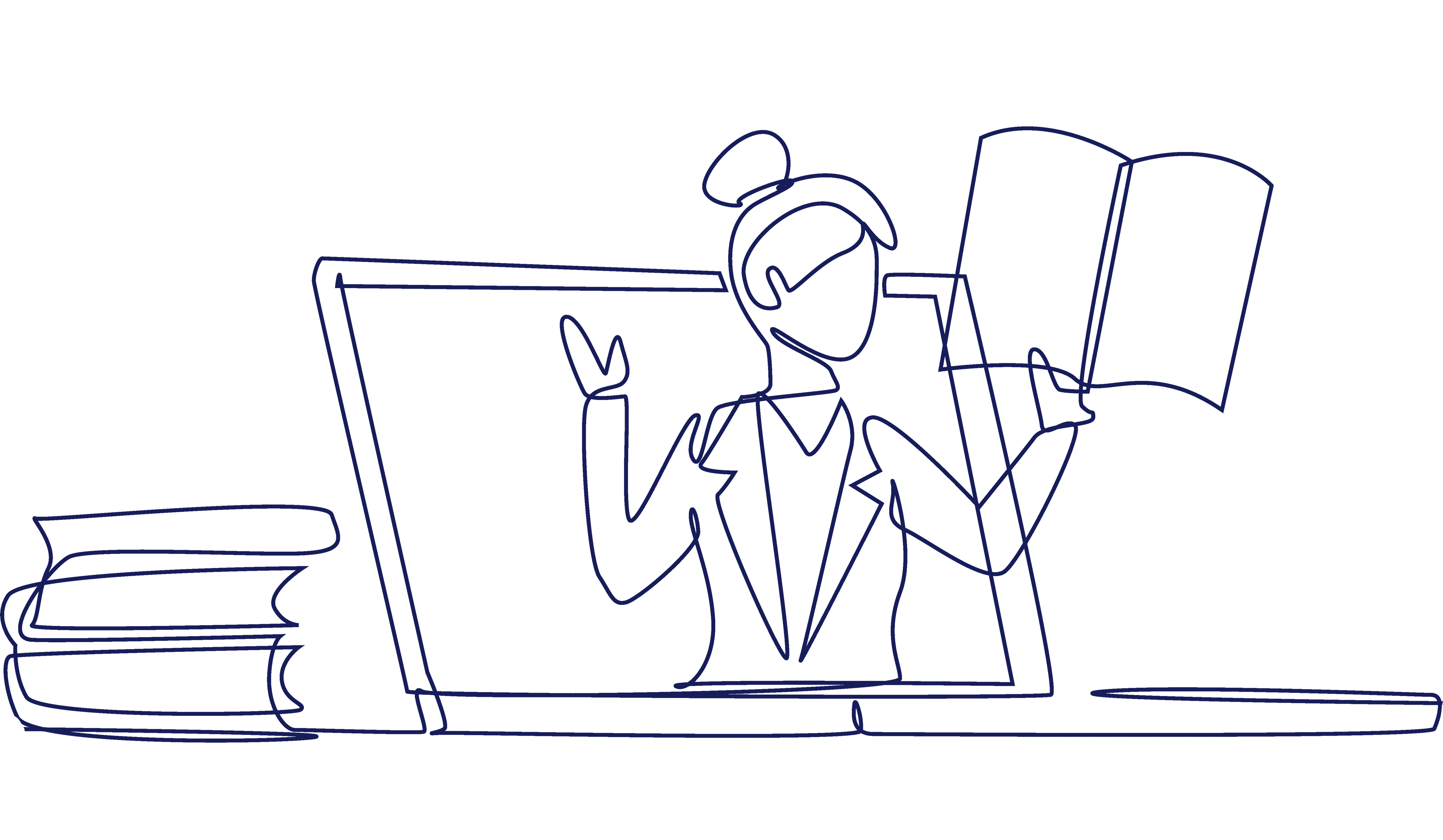 Cartoon drawing of a teacher in a laptop holding a book speaking outloud.